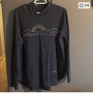 Life Is Good Women's Navy Blue Hooded Sweatshirt with Sunrise Graphic